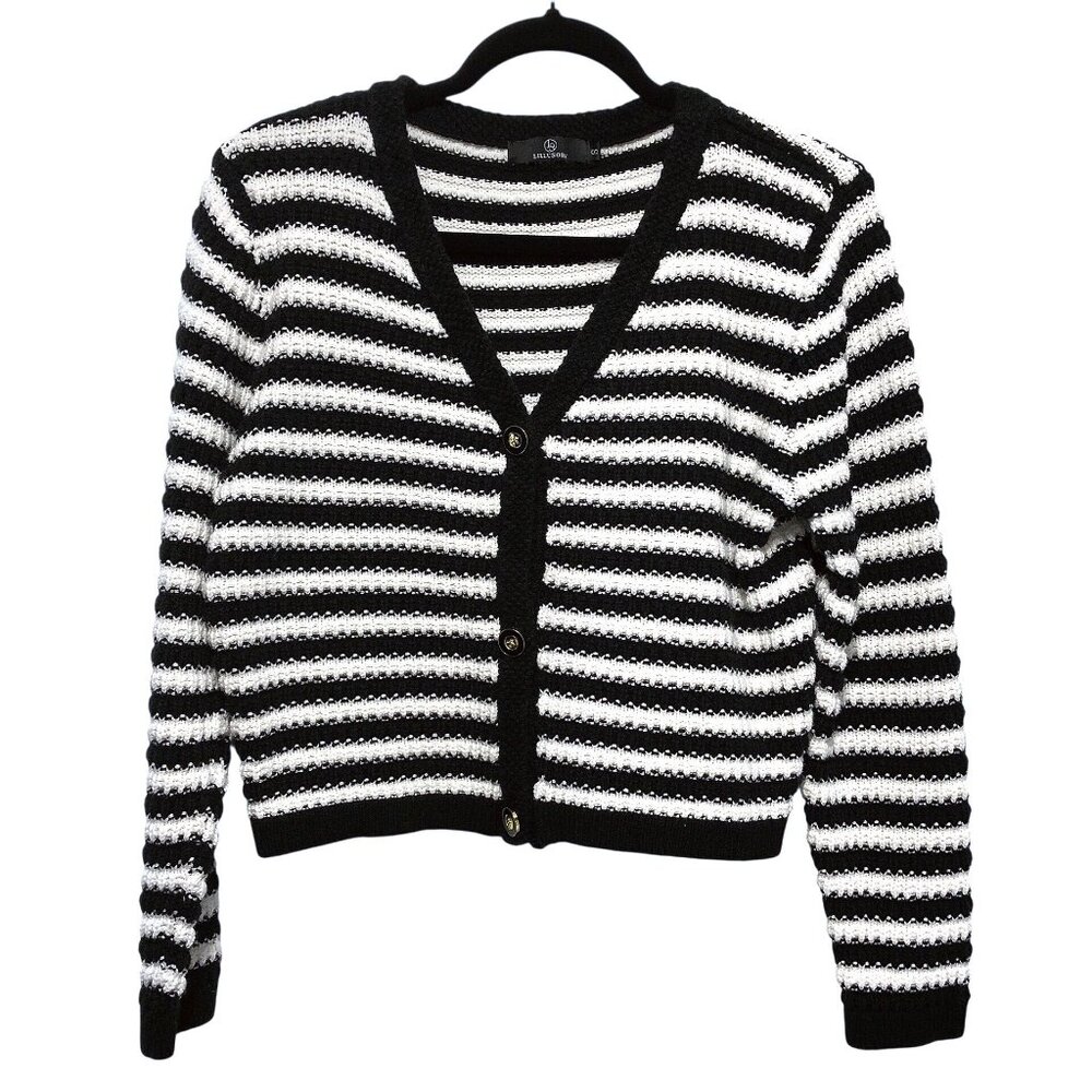 Lillusory White Black Striped V-neck Long Sleeve Sweater Top S